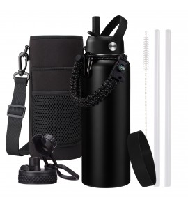 40oz Insulated Water Bottle Flask - with Straw & Auto Spout Lid, Strap Sleeve, Paracord Handle, Black Metal Thermal Jug for Fitness Sports Hiking