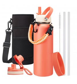 Stainless Steel Water Bottles 40 OZ - Keep Cold-48H Hot-24H, Metal Flask Reusable Water Bottles with Straw, Paracord Handle, Carrier Bag for Hiking Running