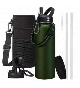40 OZ Water Bottle with Straw - Auto Spout Lids, Paracord Handle, Carrier Bag, Flask Boot, Wide Mouth Stainless Steel Sports Water Bottles Thermal Hydro Jug Cold for 48H
