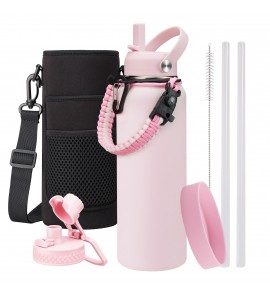 Insulated Water Bottles 40oz - w/ Straw & Auto Spout Lid, Paracord Handle, Carrier Pouch, Pink Sport Hydro Mug Thermal Flask, Triple Wall Metal Water Bottle