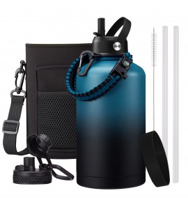 64 oz Insulated Water Bottle with Straw - Bottle Sleeve, Paracord Handle, Triple Wall Half Gallon Water Bottle Cold for 48h, 1/2 Gallon Sports Hydro Jug
