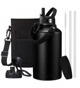 64 oz Water Bottle - Half Gallon Insulated Water Bottle with Straw, Keep Cold-48H Hot-24H, 2 Liter Metal Vacuum Insulated Sports Jug with Flask Boot