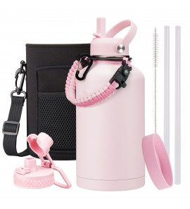 Half Gallon Water Bottle with Straw - Chug Lid, Paracord Handle, Silicone Boot, Keep Ice Cold-48H, Metal Insulated Flask Sports Water Bottle 64 oz for Women
