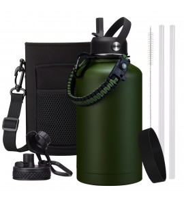 64 OZ Water Bottle Half-gallon Hydro Jug - w/ Paracord Handle, Straw & Spout Lid, Carrier Bag, Insulated Water Bottle Wide Mouth Stainless Steel Sports Flask