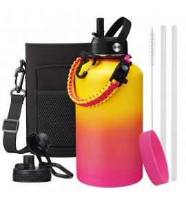 Half Gallon Water Bottles with Straw - Spout Lid, Paracord Handle, Bottle Boot, Keep Cold 48H Hot 24H, Metal Insulated Sports Water Jug with Carrier Bag