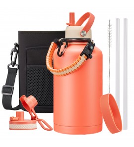 64 oz Insulated Water Bottle, Paracord Handle, Carrier Bag, Half Gallon Hydro Jug Keep Cold 48H, Wide Mouth Stainless Steel Flask for Women Fitness Sports
