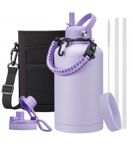 64oz Water Bottle with Straw - Auto Spout Lid, Carrier Bag, Paracord Handle & Protective Flask Boot, Stainless Steel Insulated Water Bottles, Half Gallon Water Jug
