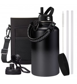 64oz Stainless Steel Water Bottle - Insulated Water Bottle with Straw & Pop Up Lid, 1/2 Gallon Water Jug with Carrier Bag, Paracord Handle, Leak Proof